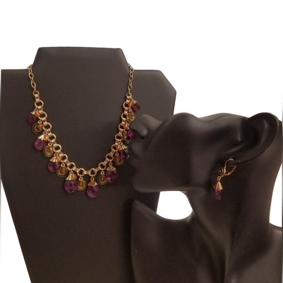 AVON BRIOLETTE PURPLE FAUX AMETHYST DROP & COIN VINTAGE NECKLACE & EARRING SET - Picture 1 of 5